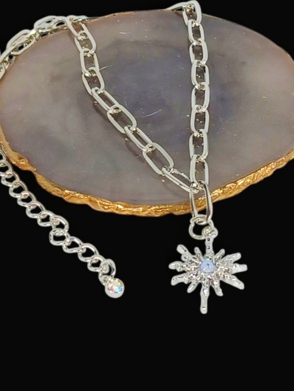 White Gold Paperclip Necklace Starburst Pendant Cosmic Astrology New Age Grunge